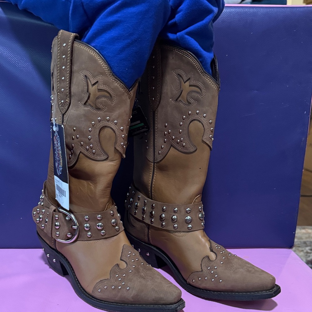 Studded Brown Leather Western Ankle Boots - Women